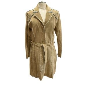 Vintage Maxima Tan Trench Leather Coat with Belt Demim Lined Patchwork Detail